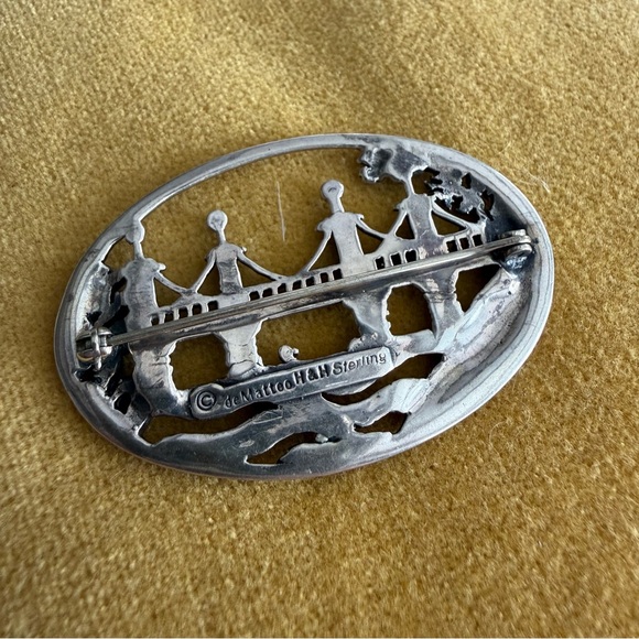 DEMATTEO STERLING SILVER BRIDGE WATER SWAN BROOCH PIN H&H  DIMATTEO Hand & Hammer H&H Sterling Bridge Scene Brooch